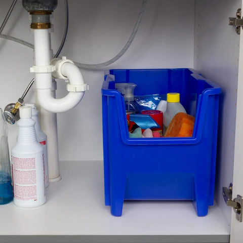 Open Front Stackable Storage Bins For Garage And Home Organization, Heavy Duty Plastic Organizer Set In Blue 4 Pack under sink