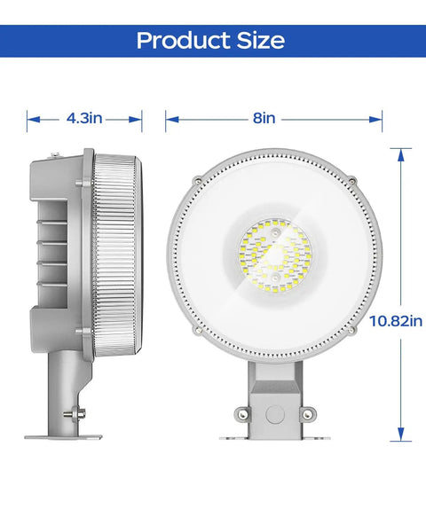 LED Barn Flood Light Dusk To Dawn 55W 6600LM Outdoor Security Light with size dimensions in inches shown