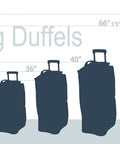Silhouette comparison of rolling duffel bags from 22" to 40" with human figures for scale, highlighting the 22 Inch Polyester Rolling Duffel Bag With Expandable Design, Full Lining And Internal Handle, Charcoal Color, Two Large Front Pockets, Clear Skate Wheels, Ready For Weekend Getaways And Road Trips.