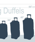 Rockland rolling duffel bags lineup in five sizes from 22 to 40 inches, shown as dark silhouettes with height markers.