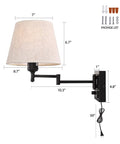 Must Have Bedside Wall Lamp With Dimmable Switch And USB Outlet Swing Arm Fabric Shade Sconce In Black For Bedroom Living Room Or Hotel Plug In Cord Included, dimensions and mounting hardware shown