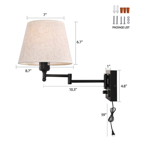 Must Have Bedside Wall Lamp With Dimmable Switch And USB Outlet Swing Arm Fabric Shade Sconce In Black For Bedroom Living Room Or Hotel Plug In Cord Included, dimensions and mounting hardware shown