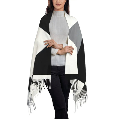 Black And White Piano Grid Long Scarf With Casual Fringe Edge Mega Comfy Winter Shawl Wrap worn by a woman, 77.6 x 28.3 inches.
