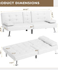 Dimensions of Leather Look Futon Sofa Bed With Removable Armrests, Comfy Adjustable Recliner Sleeper, Dual Cup Holders And Chrome Legs, White Modern Couch For Living Room, Apartment Or Office shown in sofa and sleeper positions.