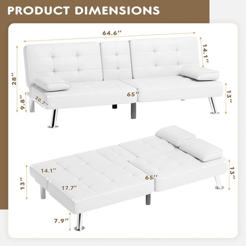 Dimensions of Leather Look Futon Sofa Bed With Removable Armrests, Comfy Adjustable Recliner Sleeper, Dual Cup Holders And Chrome Legs, White Modern Couch For Living Room, Apartment Or Office shown in sofa and sleeper positions.