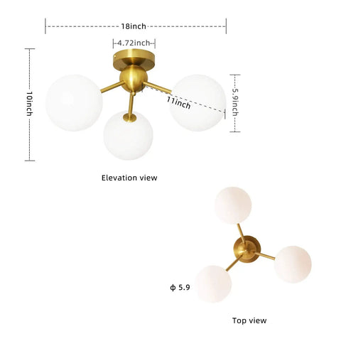 3 Light Modern Globe Ceiling Light Mid Century Sputnik Chandelier With White Glass Shades Brushed Brass Finish Dimensions