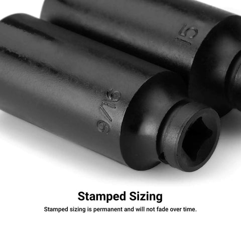 Close-up of Quarter Inch Drive Master Impact Socket Set With Shallow And Deep Sockets, showing stamped sizing details.
