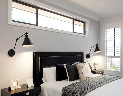 Bedroom with Swing Arm Wall Lamp Set Of 2, Adjustable Black Wall Sconce Hardwired, beside bed, modern industrial task lighting.