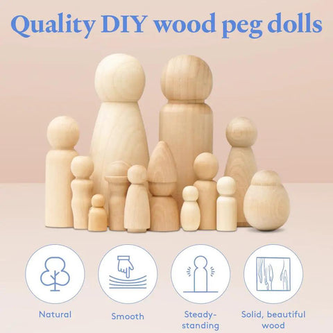 Gonna Love These Super Sturdy Birch Wood Peg Dolls 3.5 Inch Pack Of 10 Unfinished Mom And Angel Figures Ready To Rock Your Next Diy Craft Project Smooth Finish Natural wood dolls with varied shapes, ideal for crafts.