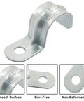 Heavy Duty Reusable 1/2 Inch EMT Conduit Clamps Zinc Plated Steel Rigid Pipe Straps showing smooth, rustproof design for secure hanging.