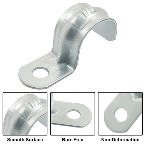 Heavy Duty Reusable 1/2 Inch EMT Conduit Clamps Zinc Plated Steel Rigid Pipe Straps showing smooth, rustproof design for secure hanging.