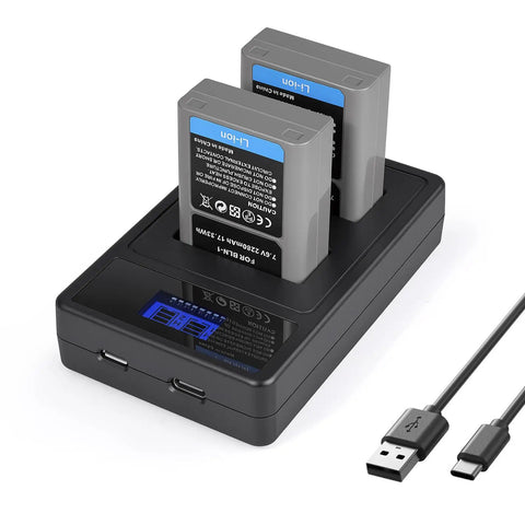 2-Pack BLN-1 Replacement Battery With Dual USB Charger For Olympus OM-D E-M1 E-M5 And Pen E-P5, showing two batteries on charger