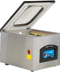 Professional Grade Chamber Vacuum Packaging Machine Featuring Dual 17 Inch Seal Bars with open lid for easy loading.