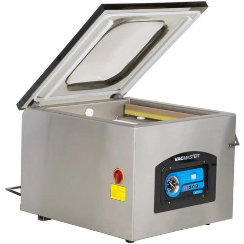 Professional Grade Chamber Vacuum Packaging Machine Featuring Dual 17 Inch Seal Bars with open lid for easy loading.