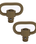 Badass Two Pack Heavy Duty Push Button QD Sling Swivels In Tan Built From Military Grade Steel With A One Point Two Five Inch Loop For Rock Solid Quick Release Gun Gear.
