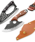 Two Pack Hand Forged Chef Knife And Cleaver Set For Home Cooking And Camping displayed with leather sheath and cutting meat