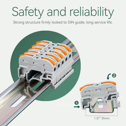 50 Pack DIN Rail Terminal Blocks For 24 To 12 AWG Wire Compact Conductor Connectors Insulated Flame Retardant Corrosion Resistant Easy Lock To DIN Guide Built Tough For Control Panels, close-up view showing dimensions and installation on DIN rail.