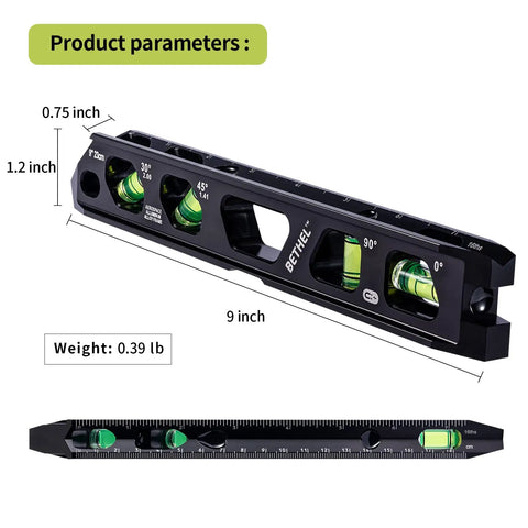 Magnetic Torpedo Level With Four Vials, V Groove And Magnet Track, Aluminum Alloy Build, Pro Grade High Viz Black 9 Inch Conduit Level
