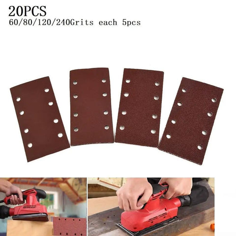 Heavy Duty AluSmallum Oxide Sanding Sheets With Punched Hook And Loop Design Come In A Pack Of 20 Assorted Grits for wood finishing.
