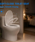 Hassle Free Quick Swap Elongated Toilet Seat With Built In Toddler Potty Chair And Silent Soft Close Hinges shown with gentle drop in a peaceful bathroom.