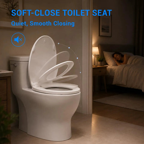 Hassle Free Quick Swap Elongated Toilet Seat With Built In Toddler Potty Chair And Silent Soft Close Hinges shown with gentle drop in a peaceful bathroom.
