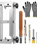 Pro Grade Dead Nuts Precise Door Hinge Template Kit For Router Adjustable Mortise Jig includes tools, guide, gloves in aluminum.