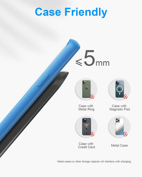 Phone with blue case showing compatibility with Upgraded Fast Wireless Charger Stand for Galaxy And iPhone Models No Cable Hassle