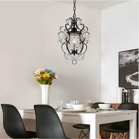 Chic Mini Bronze Chandelier 1 Light 11 Inch Crystal Ceiling Fixture For Bedroom Girls Room Bathroom Closet hanging over dining table