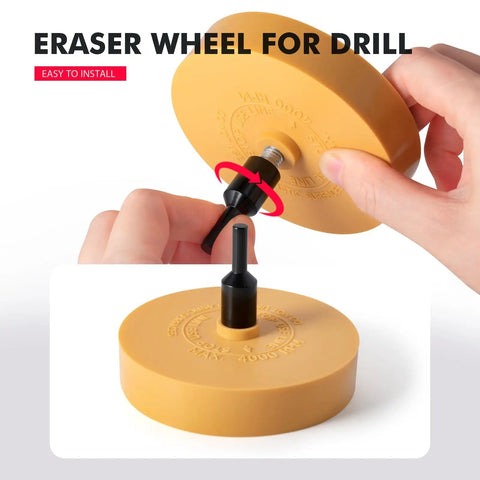Hands holding Eraser Wheel for Drill Decal Remover with adapter, showing installation process, close-up view.