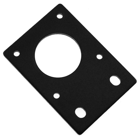 Black Nema 17 motor mount plate with large central hole and multiple small mounting holes