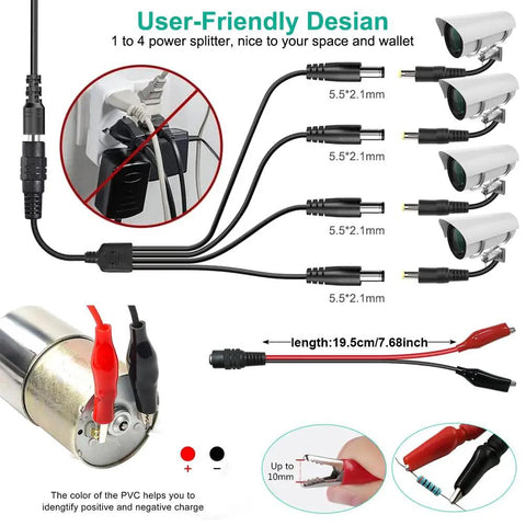 Adjustable DC Power Supply 3V To 24V 3A 72W with LCD Display AC Input, 1 to 4 power splitter cable, polarity converter