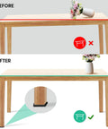 Table shown before and after using Plastic Leveling Wedges Set Of Sixteen 3.15 Inch Shims For Furniture And Appliances DIY Door And Table Levelers Easy Snap In Design Durable PP Plastic Rot Resistant Built For Easy Home Upgrades.
