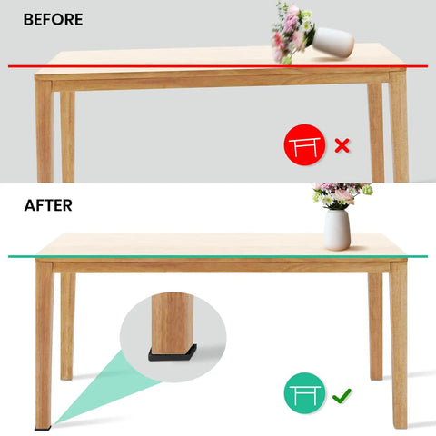 Table shown before and after using Plastic Leveling Wedges Set Of Sixteen 3.15 Inch Shims For Furniture And Appliances DIY Door And Table Levelers Easy Snap In Design Durable PP Plastic Rot Resistant Built For Easy Home Upgrades.