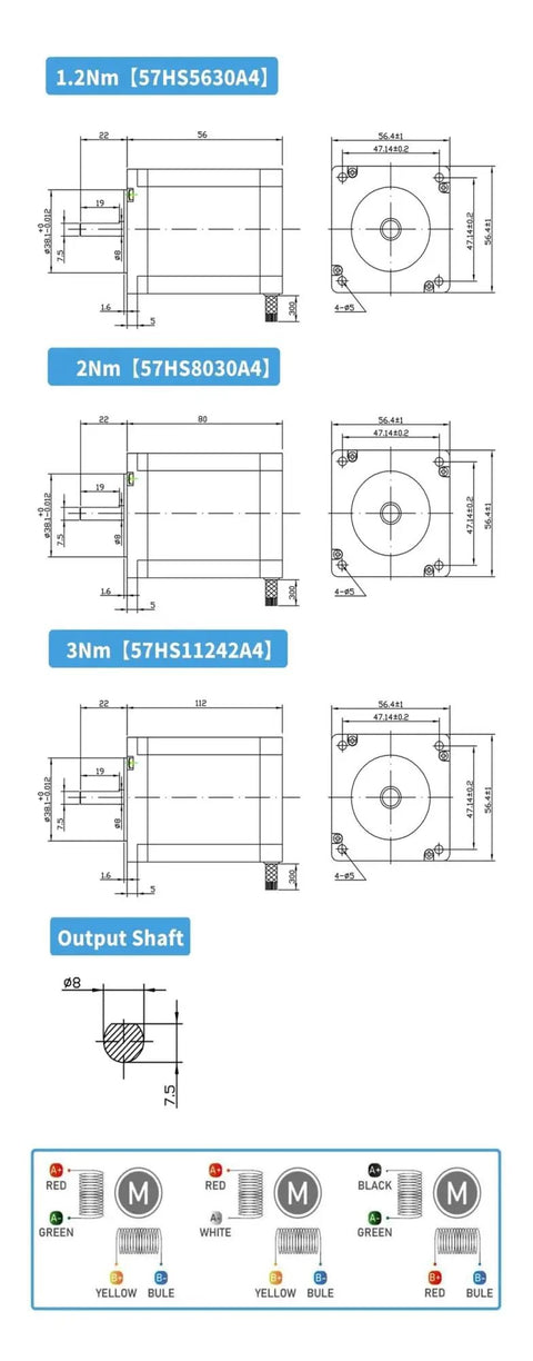 Technical schematics of motor dimensions and output shaft; includes diagrams for different torque options.