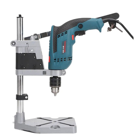 Adjustable Electric Drill Press Stand And Holder Bracket For Workbench Clamp Tool Station Lightweight Aluminum Alloy Handiwork Base with drill mounted.