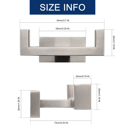 Double Towel Hook Set In Brushed Nickel Built Tough SUS304 Stainless Steel Wall Mounted Coat Hanger with size dimensions