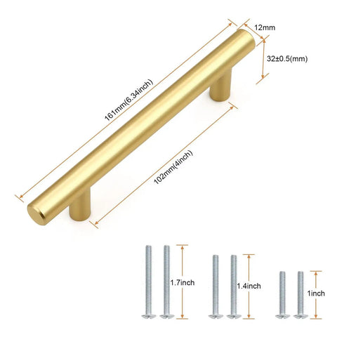 Top Shelf Gold Cabinet Pulls And Handles 4 Inch Hole Center Round Stainless Steel Drawer Knobs For Kitchen Furniture Upgrades Knockout Finish Easy Breezy Setup 30 Pack with measurements and screws.