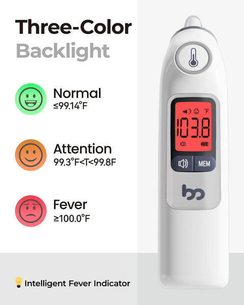 Infrared Ear Thermometer For Adults And Kids With Quick 1 Second Readings Backlit Display And 3 Color Fever Alarm Includes Storage Case For Safe Accurate Home Temperature Checks. 3-color backlit display