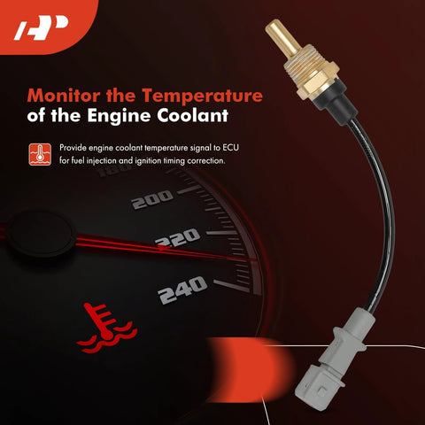 Front view of A-Premium engine coolant temperature sensor with brass threaded body and gray two-pin connector.