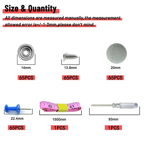 Diagram showing the contents of the 65 Piece Car Roof Headliner Repair Kit With 262 Snap Rivets And Retainer For Interior Ceiling Cloth in Grey Flannelette.