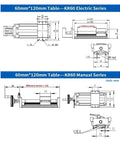 Technical diagram of 60mm x 120mm KR60 Electric and Manual Series linear tables.