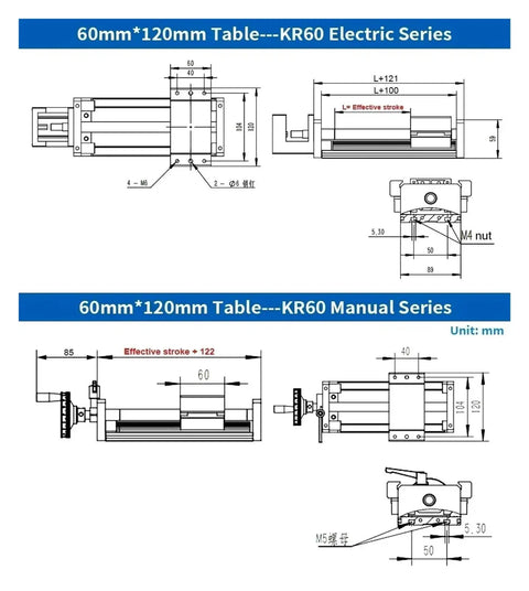 Technical diagram of 60mm x 120mm KR60 Electric and Manual Series linear tables.