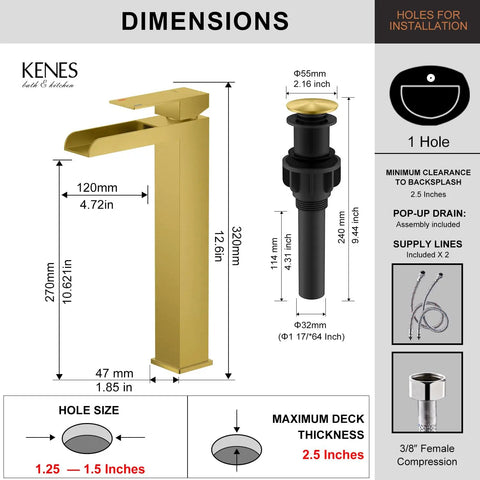Gold Vessel Sink Faucet Brushed Gold Tall Waterfall Bathroom Vanity Faucet With dimensions and installation details.