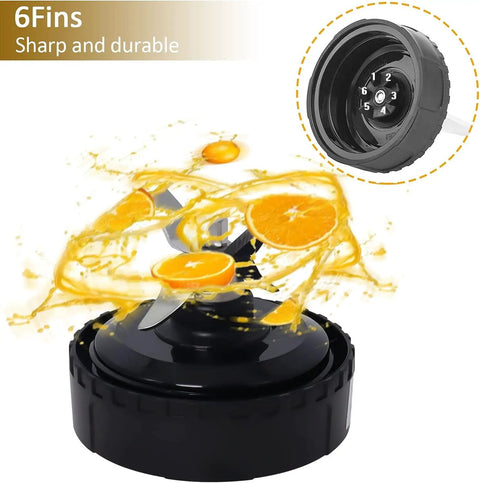 6 Fin Blender Blade Replacement With 2 Pack 16oz Single Serve Cups, showing sharp blades with orange slices