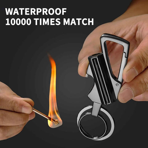 Person using 3 In 1 Infinity Lighter Keychain Permanent Match Lighter With Multitool Bottle Opener For Outdoor Survival Sleek Black And Gold Design Durable Key Ring Lighter For Camping And Everyday Carry with flame and key ring visible, demonstrating flame ignition.
