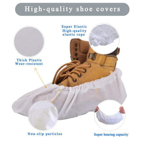 Disposable Shoe Covers Pack Of 200 100 Pairs Built Tough Waterproof Non Slip Boot Covers One Size Fits Most For Rain Cleaning Indoor Floor Protection White on a brown boot demonstrating fit and elastic detail.