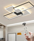 Dope 113W LED Ceiling Light Flush Mount, dimmable modern fixture with metal and acrylic 4 rectangle panels in a living room.