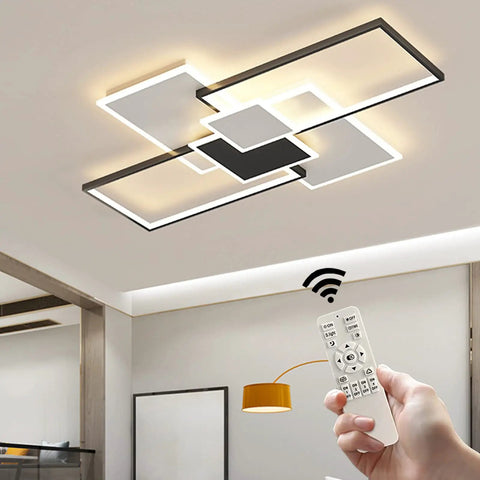 Dope 113W LED Ceiling Light Flush Mount, dimmable modern fixture with metal and acrylic 4 rectangle panels in a living room.