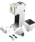 Smart Automatic Filling Machine Comes With Adjustable Digital Gram Scale, silver, compact design with wheels for easy movement.