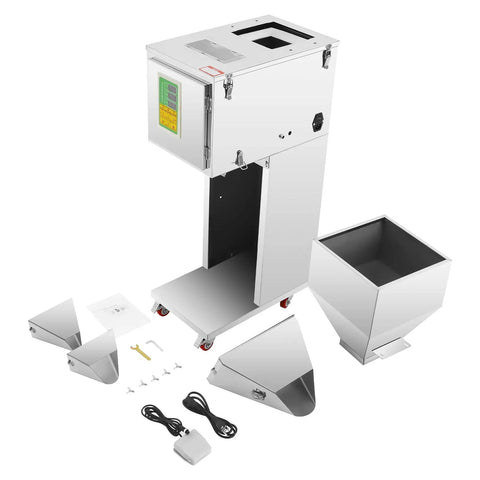 Heavy Duty Digital Particle Filler Machine With Foot Pedal Control Stainless Steel Commercial Packing Scale components laid out.